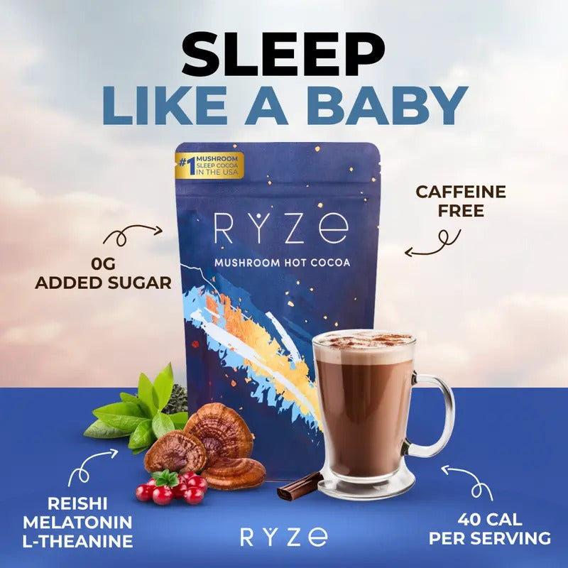 RYZE Mushroom Hot Cocoa with Melatonin – Sleep Support, 20 Servings