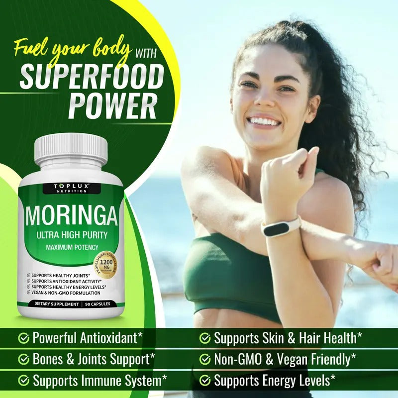 Toplux Moringa Capsules 1200mg – Pure Moringa Powder for Immune, Gut Health & Detox – 90 Capsules