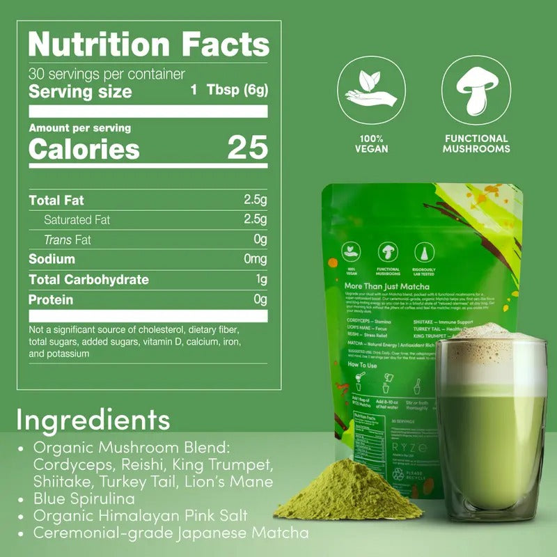 RYZE Mushroom Matcha – USDA Organic, 6 Adaptogenic Mushrooms, 30 Servings