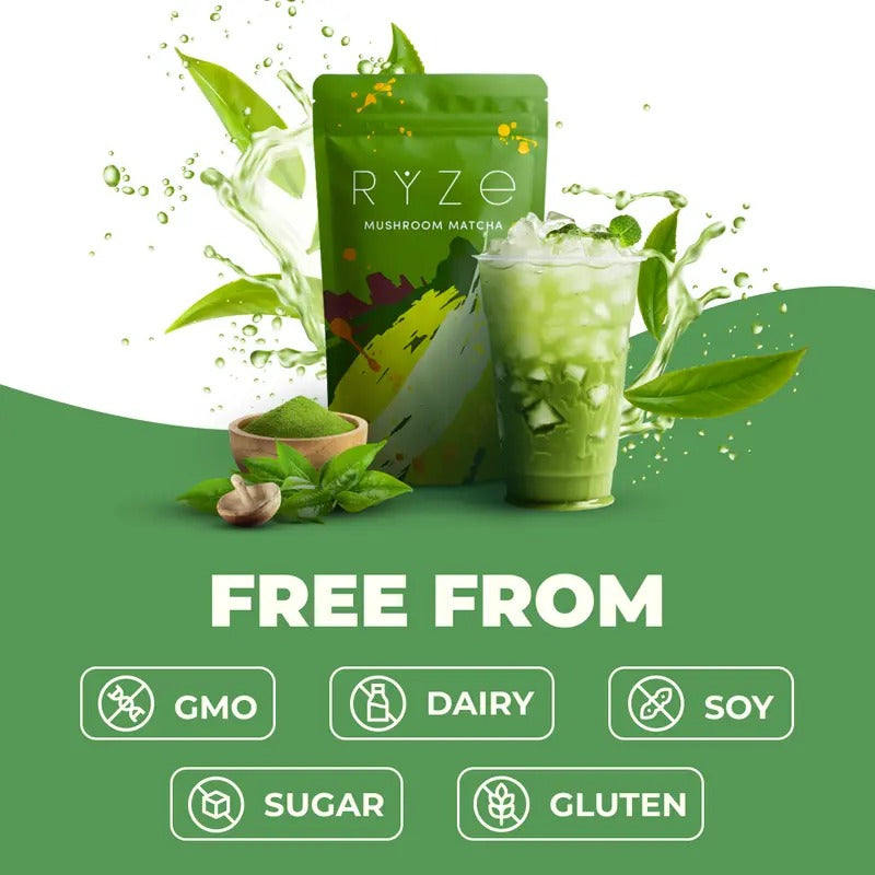 RYZE Mushroom Matcha – USDA Organic, 6 Adaptogenic Mushrooms, 30 Servings