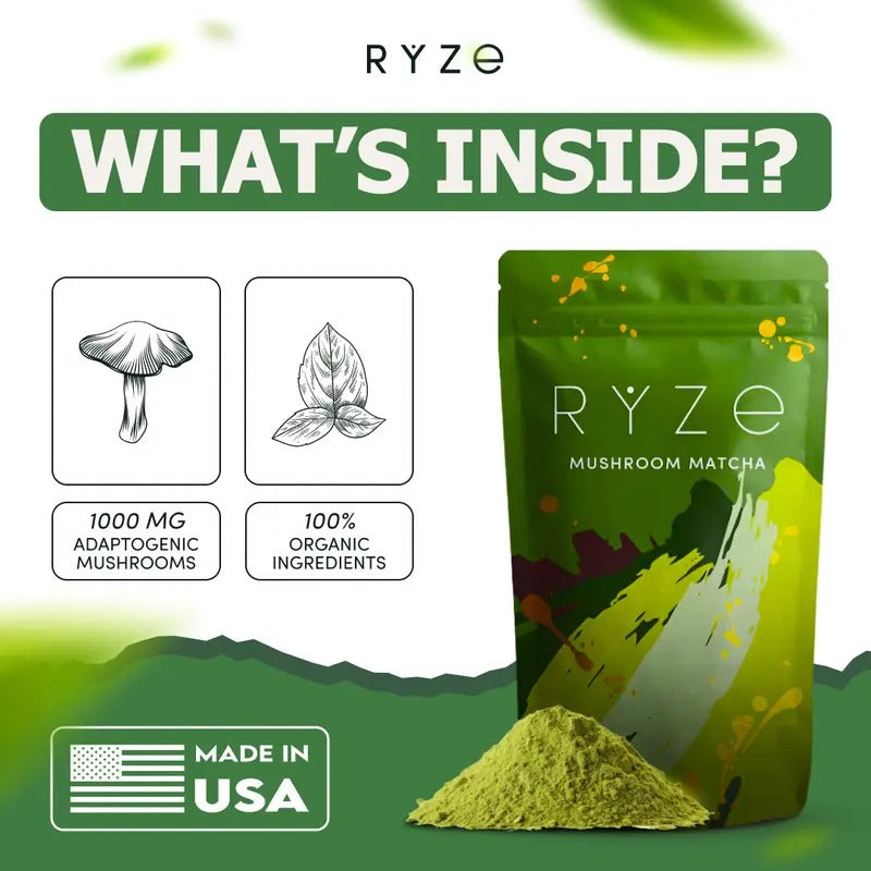RYZE Mushroom Matcha – USDA Organic, 6 Adaptogenic Mushrooms, 30 Servings