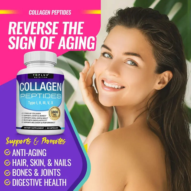 Toplux Collagen Peptides 1800mg – 5-Type Complex, 90 Capsules
