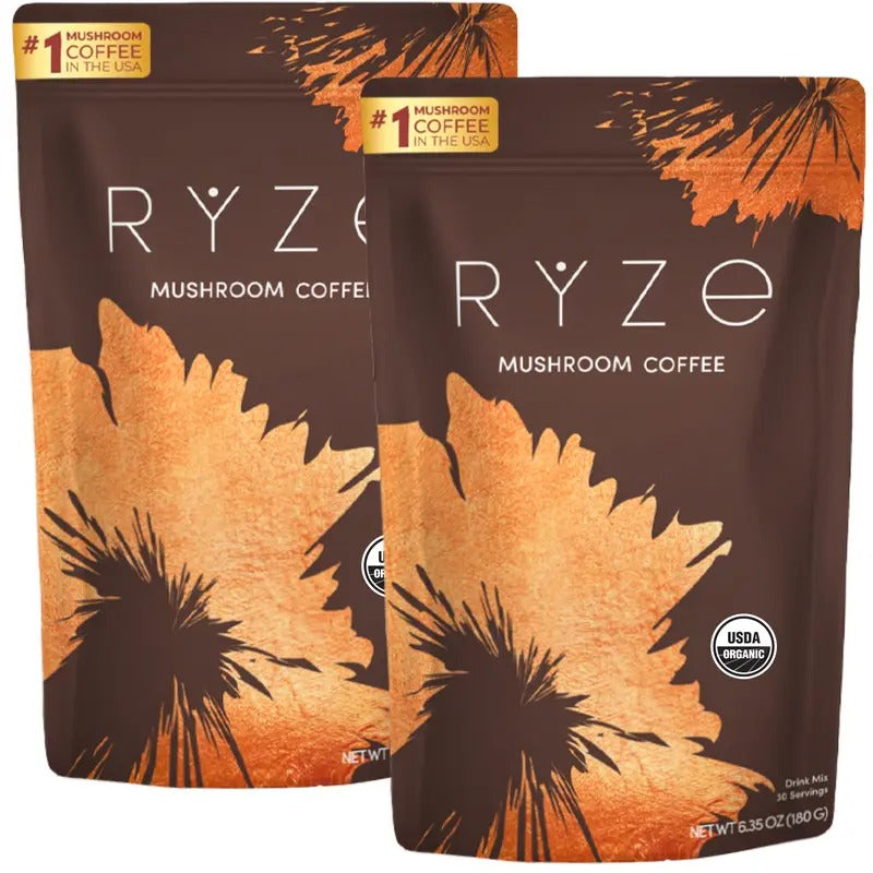 RYZE Mushroom Coffee Starter Kit 2pack– USDA Organic Medium Roast Instant Coffee with 6 Adaptogenic Mushrooms & MCT Oil – Energy, Focus, Gut Health – 60 Servings