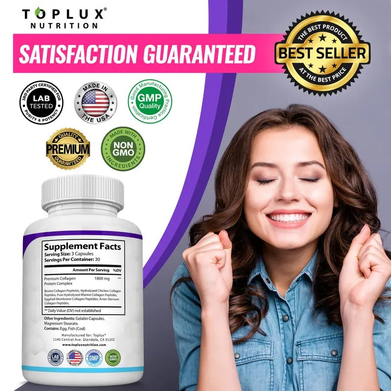 Toplux Collagen Peptides 1800mg – 5-Type Complex, 90 Capsules