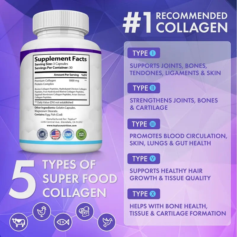 Toplux Collagen Peptides 1800mg – 5-Type Complex, 90 Capsules