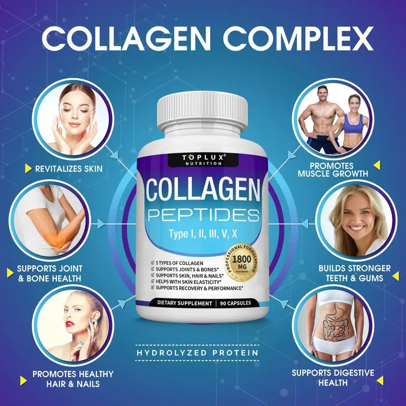 Toplux Collagen Peptides 1800mg – 5-Type Complex, 90 Capsules
