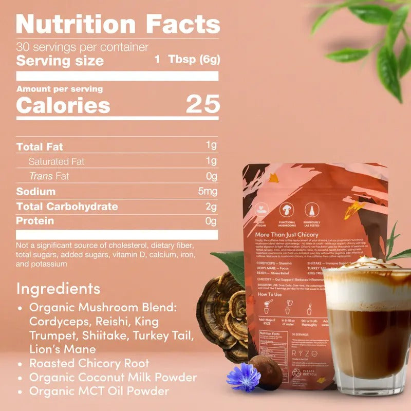 RYZE Mushroom Chicory Coffee – Caffeine-Free, 30 Servings