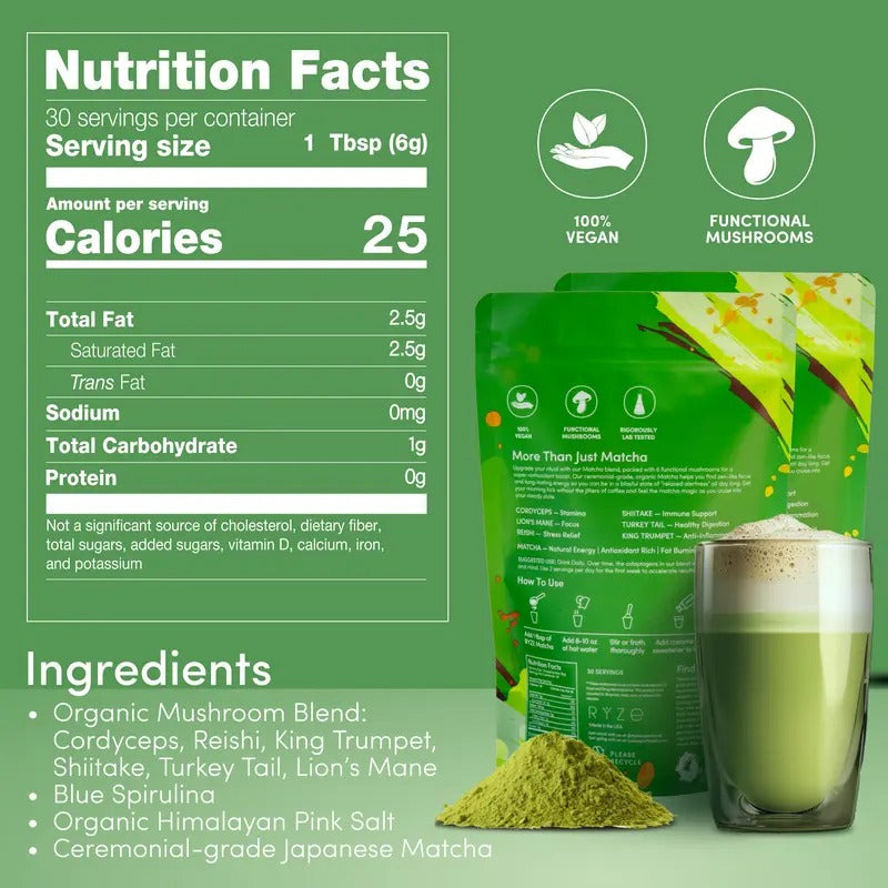 RYZE Mushroom Matcha Starter Kit – USDA Organic, 60 Servings