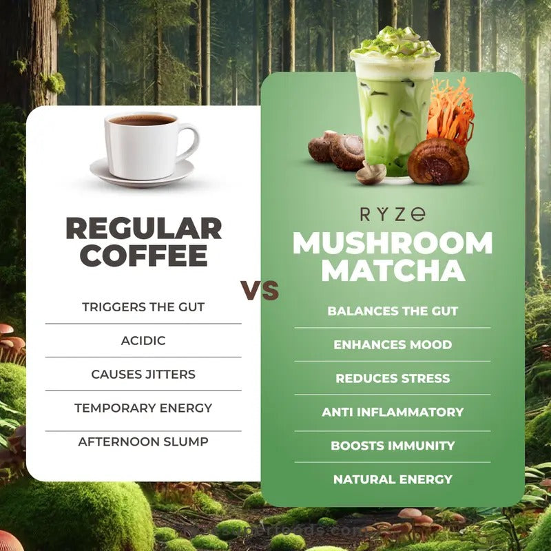 RYZE Mushroom Matcha – USDA Organic, 6 Adaptogenic Mushrooms, 30 Servings