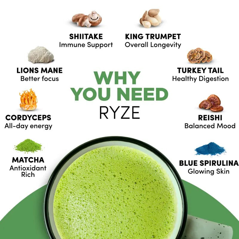 RYZE Mushroom Matcha – USDA Organic, 6 Adaptogenic Mushrooms, 30 Servings