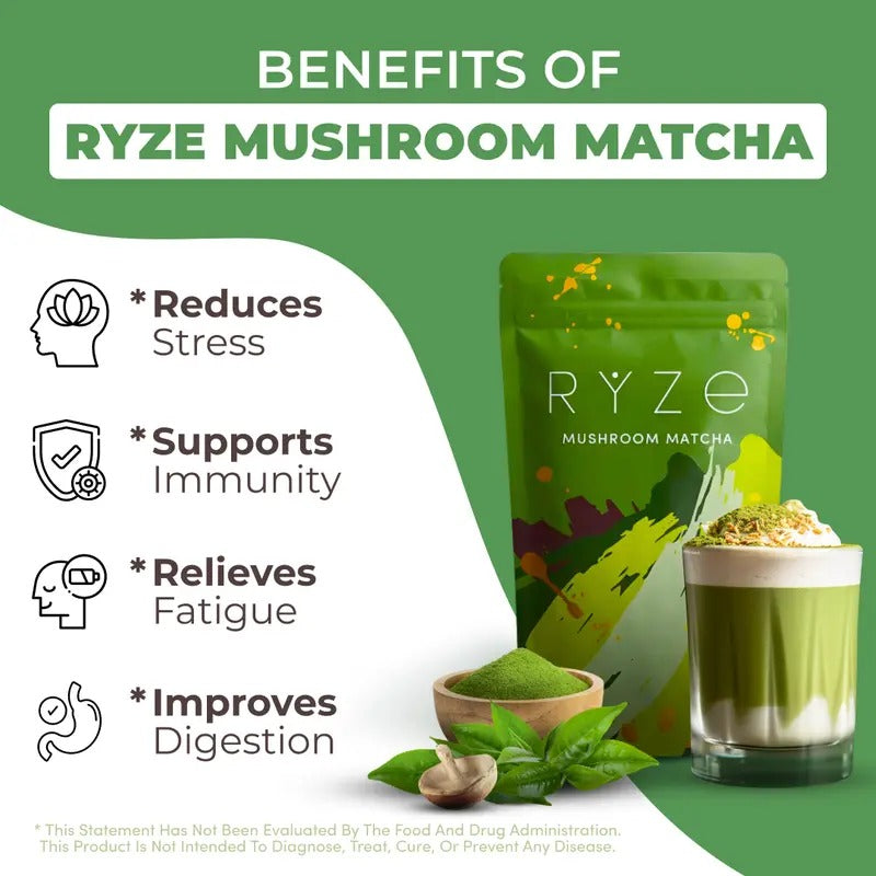RYZE Mushroom Matcha – USDA Organic, 6 Adaptogenic Mushrooms, 30 Servings