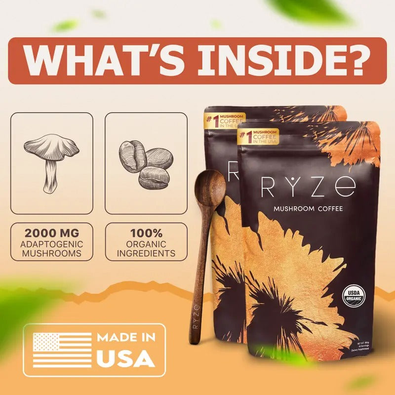 RYZE Mushroom Coffee Starter Kit 2pack– USDA Organic Medium Roast Instant Coffee with 6 Adaptogenic Mushrooms & MCT Oil – Energy, Focus, Gut Health – 60 Servings