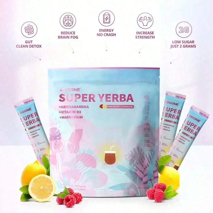 Zooone Super Yerba Mate Instant Tea – Raspberry Lemonade, 30 Servings