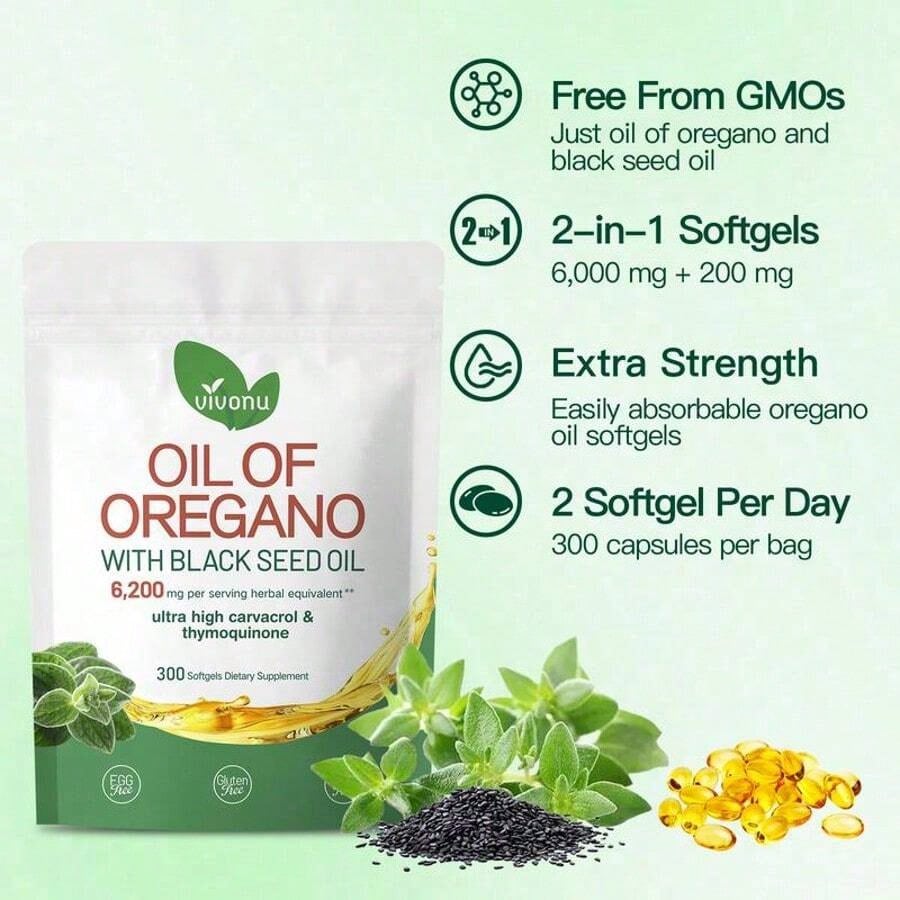 Vivonu Oil of Oregano & Black Seed Oil 6200mg – 300 Softgels
