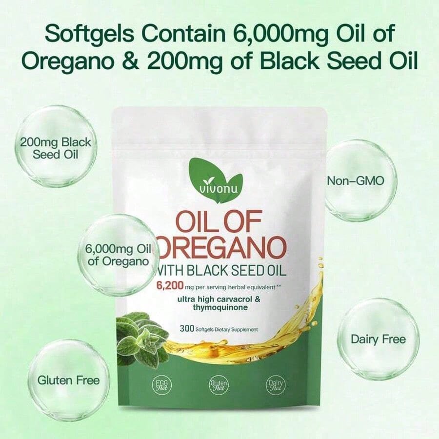 Vivonu Oil of Oregano & Black Seed Oil 6200mg – 300 Softgels