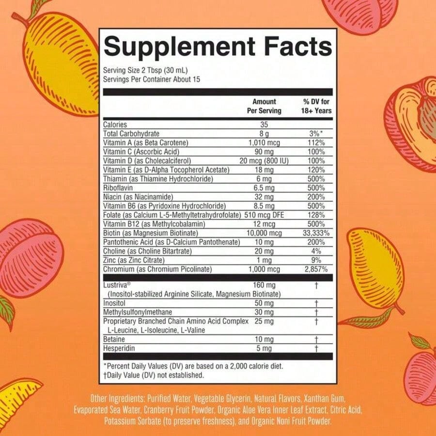 Liquid Multivitamin With – Hair Growth, Skin Smoothness & Daily Wellness | Peach Mango Flavor | Vegan | 15.22 Fl Oz