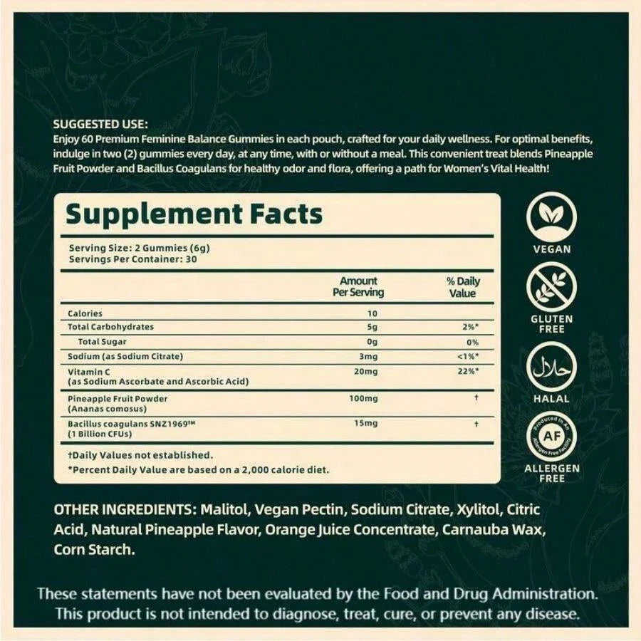 Premium Feminine Balance Gummies For Women| PH & Odor Support With Bacillus Coagulans| Hawaiian Pineapple Flavor| Vegan, Gluten-Free| 60 Gummies (30 Servings)