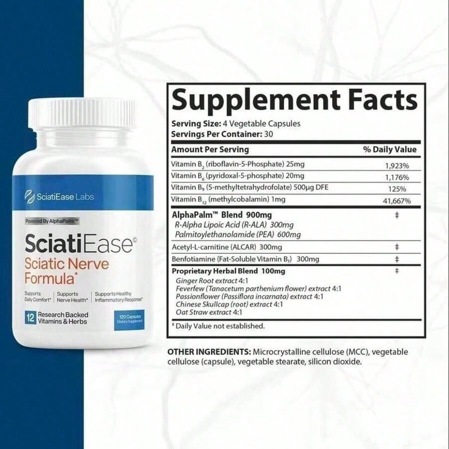 SciatiEase Sciatic Nerve Health Support Supplement - 120 Capsules With AlphaPalm, Pea, Vitamin B Complex, Alpha Lipoic Acid 300mg, Fast-Absorbing Formula For Nerve Comfort - Healthcare Sciatica Relief