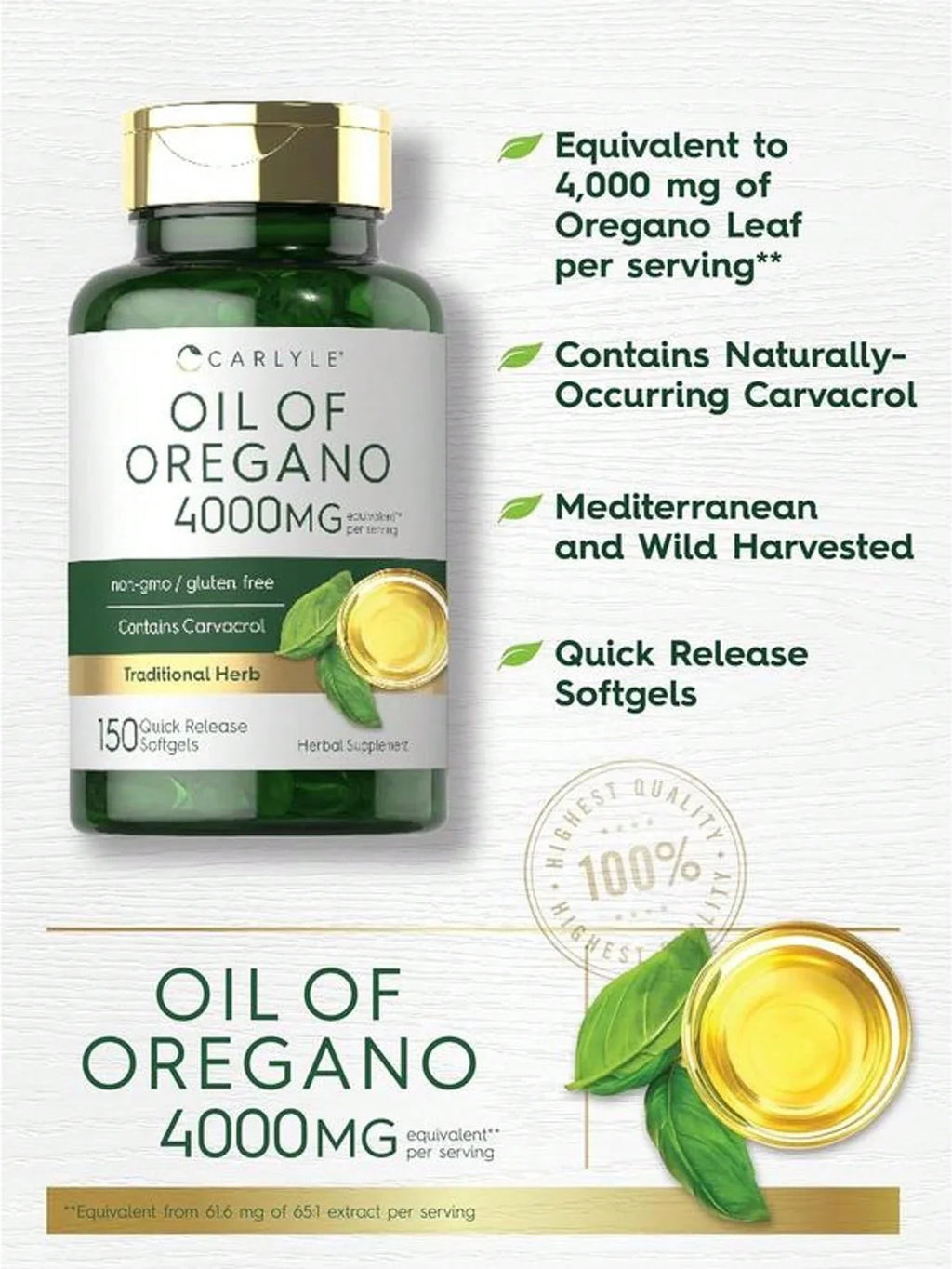 Carlyle Oregano Oil 4000mg Supplement | 150 Softgel Capsules | Contains Carvacrol | Non-GMO & Gluten Free Formula  Healthy Care